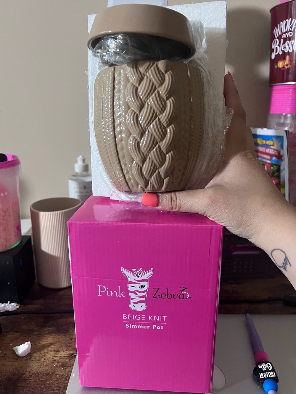 Pink Zebra Beige Textured Knit Simmer Pot